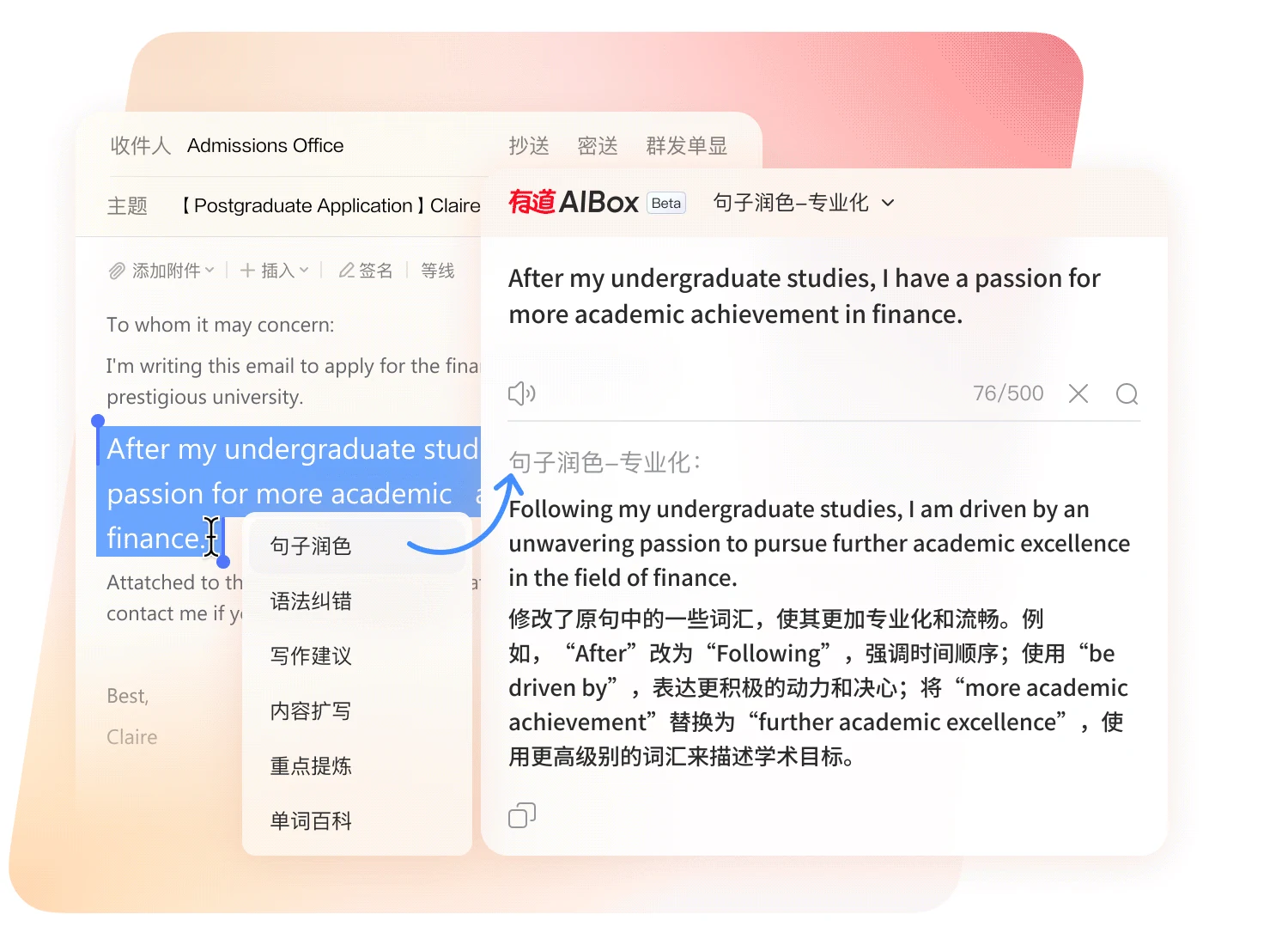 有道翻译桌面端功能界面,展示论文阅读翻译功能导航